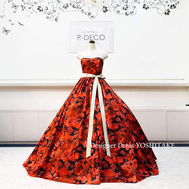 オーダー制作 ウエディングドレス パニエ無料 赤 黒花柄 披露宴 お色直し 制作期間3週間から6週間 ウエディングドレス ヨシタケ