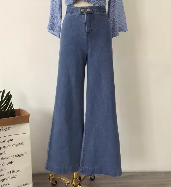 レディース パンツ ボトムス ジーンズ Gパン フルレングス ワイド フレア ファスナー ハイウエスト ボタン ウォッシュ しわ防止加工 ハリ 薄手 かわいい 大人可愛い きれいめ シンプル