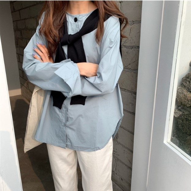 セットアップ ロングシャツ ショールニット 長袖 ラウンドネック ストライプ 秋 韓国ファッション Ol Chan