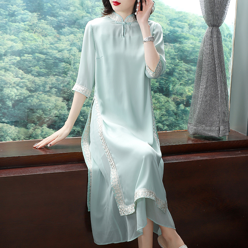 チャイナ風ワンピース ドレス チュニック 唐装 漢服 チャイナ風服 民族風 七分袖 ロング丈 スタンドネック 女子会 同窓会 旅行 デート 大きいサイズ S M L Ll 3l 合わせやすい エレガント ライトブルー オーガンザー 刺繍 上品 Dresszone