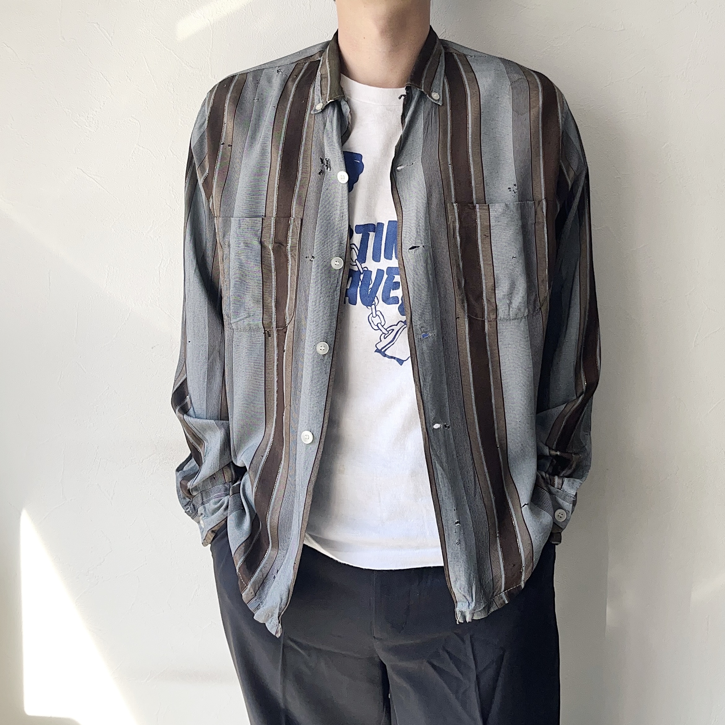 Vintage 60's【Holiday SPORTSWEAR】Grunge Striped Silk Shirt の画像 3
