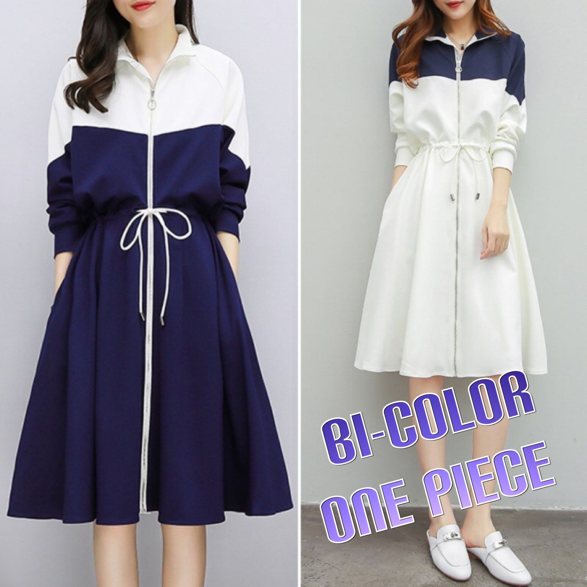 バイカラー ワンピース 長袖 フロントジッパー レディース カジュアル Femarelcloset フェミクロ