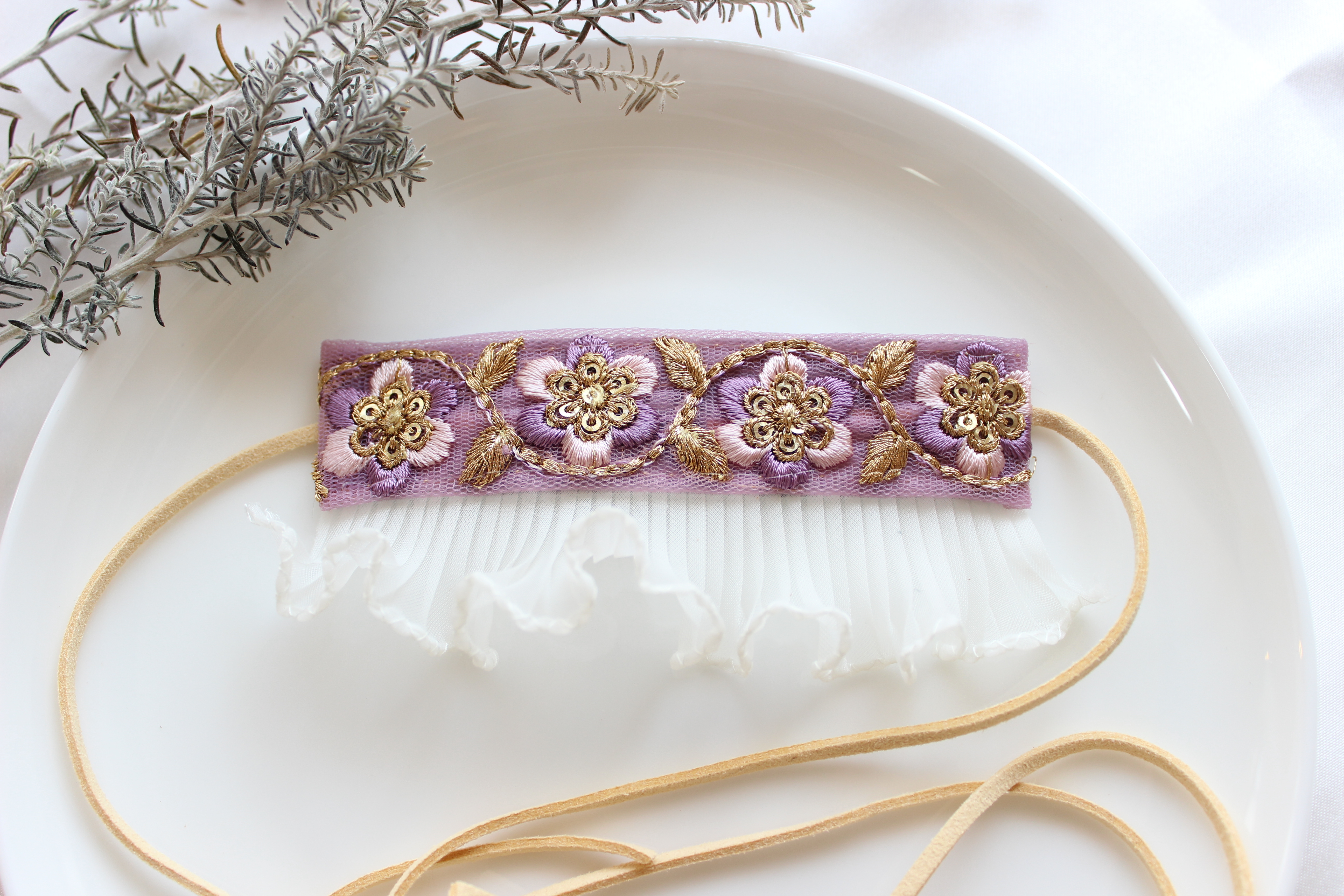 紫 ピンク ゴールド 花柄 刺繍リボン リボンラップ 髪飾り インド刺繍 花made