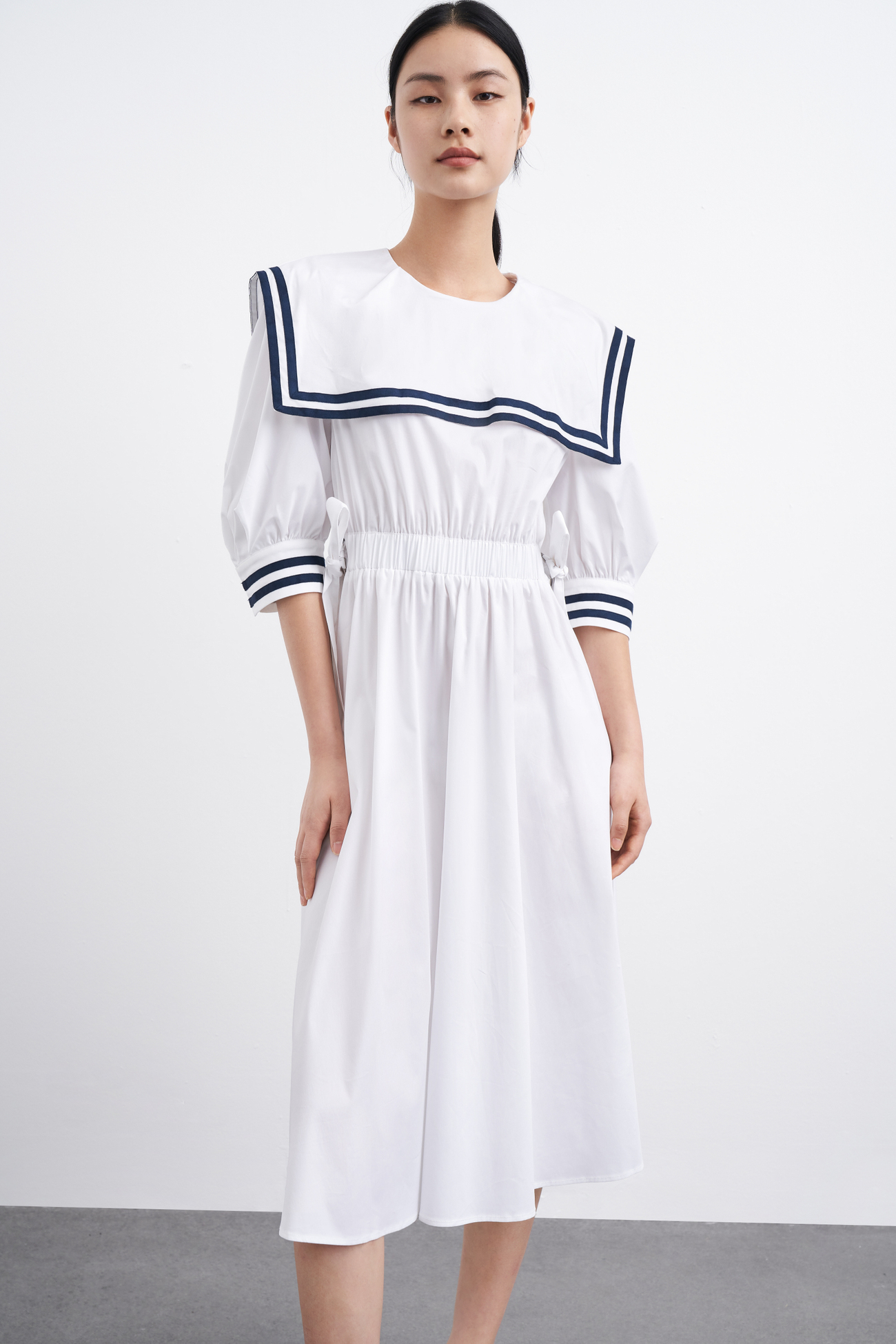 春 夏 秋 婦人服 アカデミーユース ネイビー カラー タイワンピ ボリューム ワンピース ホワイト XS S M L XL ワンピース 膝下 袖あり 半袖 かわいい 大人可愛い きれいめ シンプル