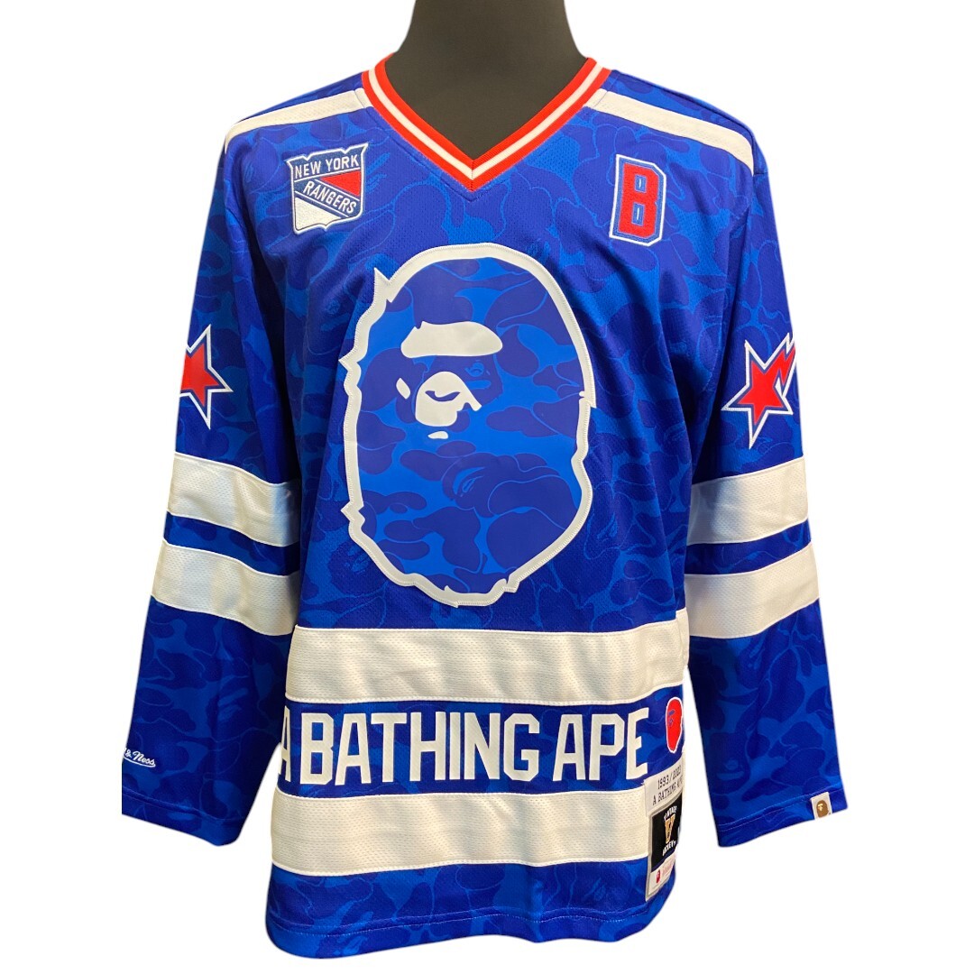 【BAPE × MITCHELL & NESS】ア ベイシング エイプ® ＆ミッチェルアンドネス NHL NEW YORK RANGERS MESH HOCKEY JERSEY L/S TEE ユニフォーム系ロングTシャツ（ロゴNo.93）M