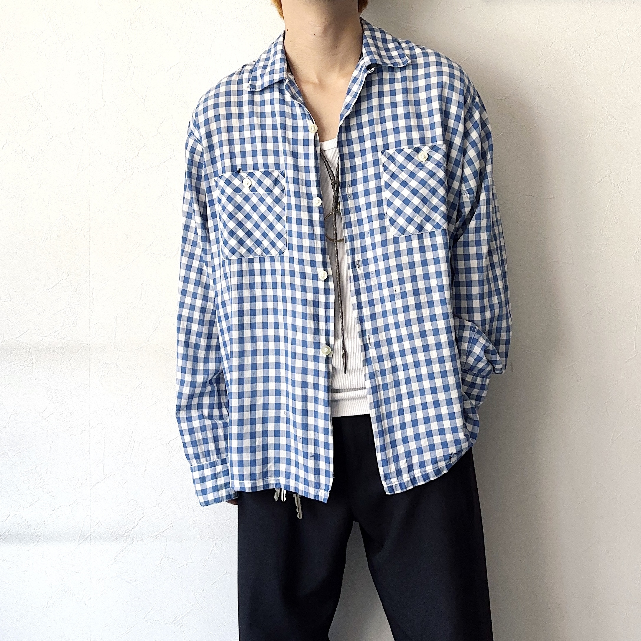 Vintage 50～60's【Jas.K.Wilson】Grunge Open Collar Check Shirt の画像 3