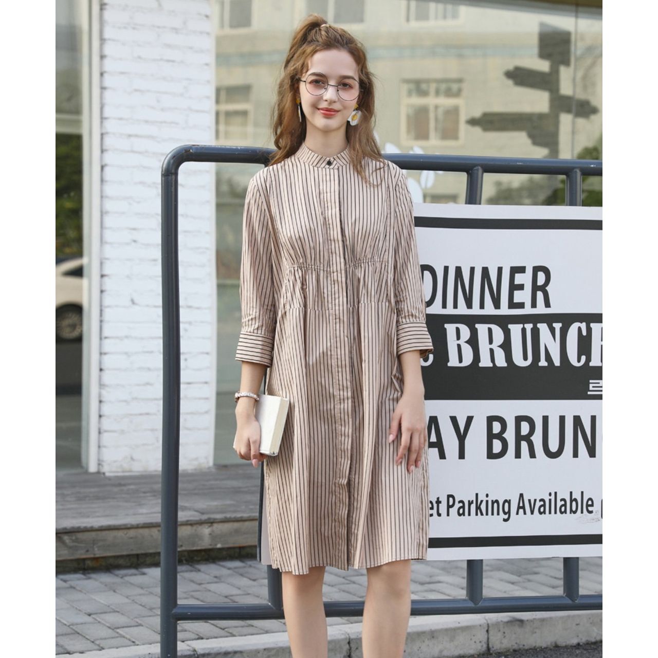 春夏 ドレス ワンピース シャツワンピース ストライプ 七分袖 カジュアル ひざ丈 お呼ばれ パーティ 街角のカフェテラス