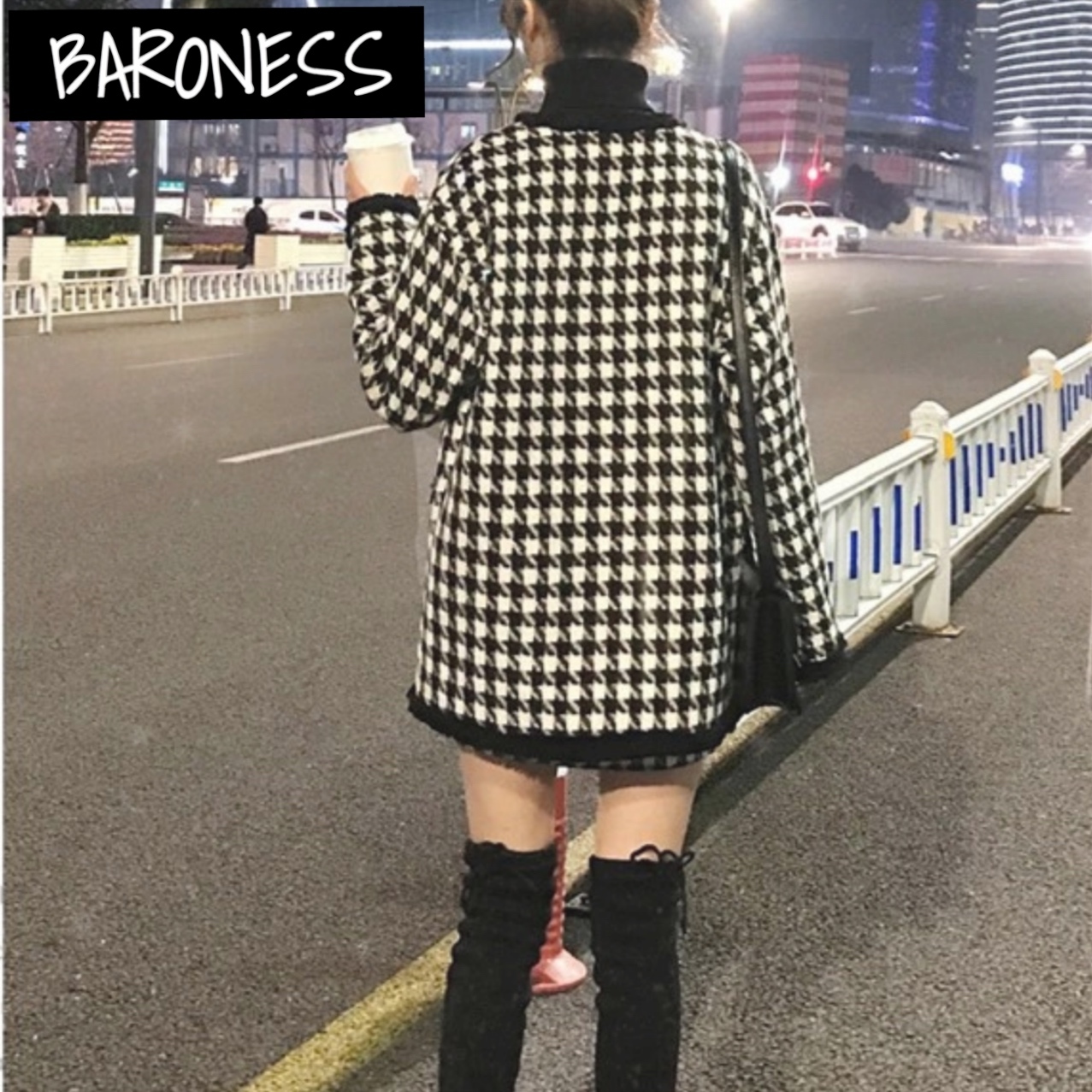 送料無料 セットアップ ジャケット スカート ショート 千鳥柄 韓国 海外 秋 冬 ブラック Baroness