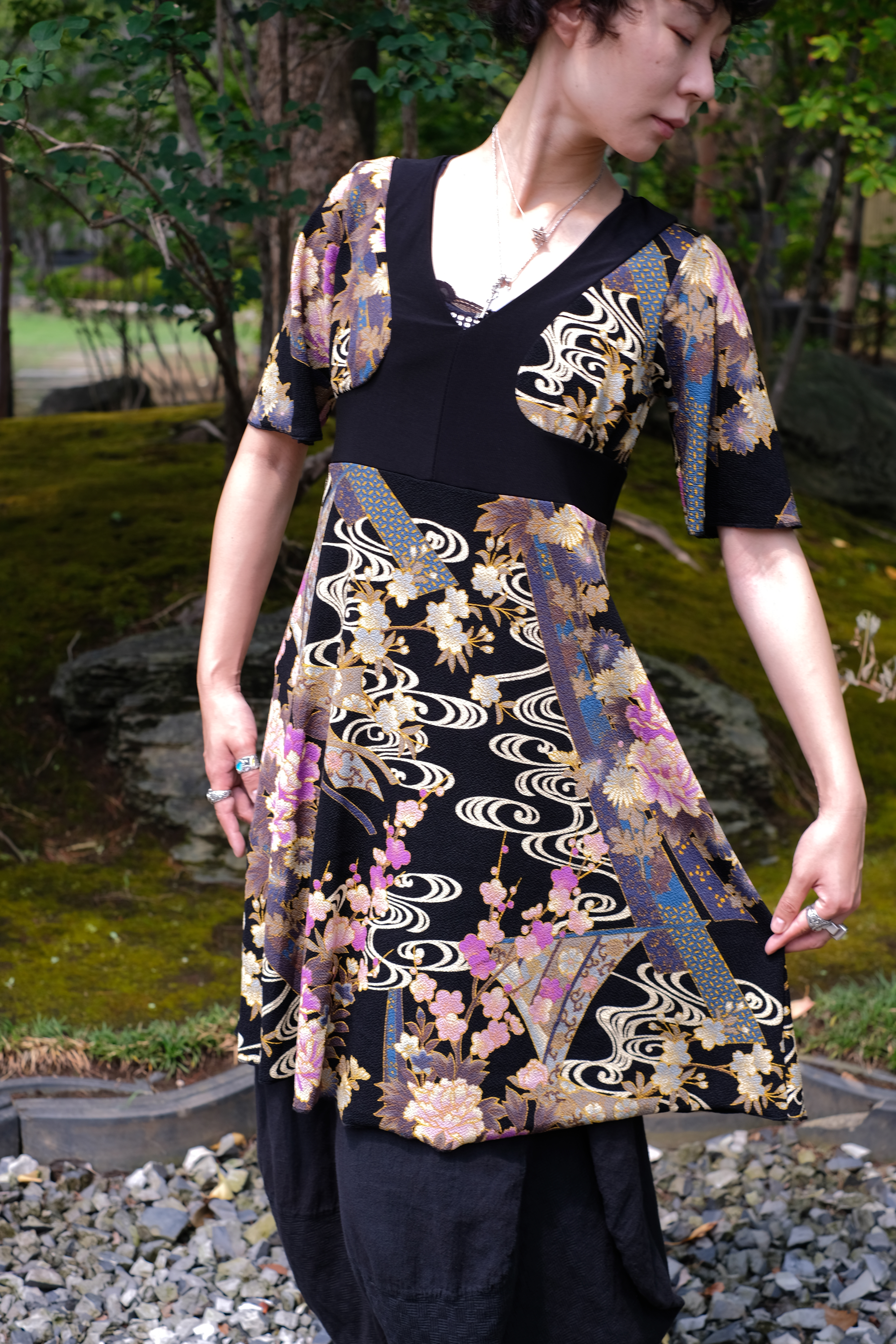 和柄半袖カシュクールロングワンピース Gray Shanit 和柄半袖カシュクールロングワンピース Gray Shanit