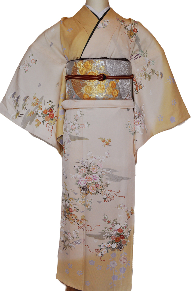 訪問着レンタル■上品な薄黄色地に牡丹や菊の花車■正絹フリーサイズhu9〔往復送料無料〕 - 画像3