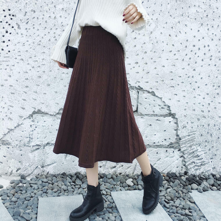 送料無料 大人可愛い ケーブル編み ニット ロング スカート 脚長