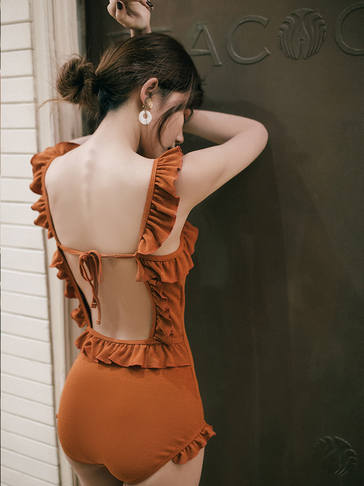 新作 レディース 水着 ワンピース レトロオレンジ たっぷりフリル シンプル スリムデザイン レトロカット リゾート レジャー Manajily オルチャン 韓国 プチプラレディースファッション