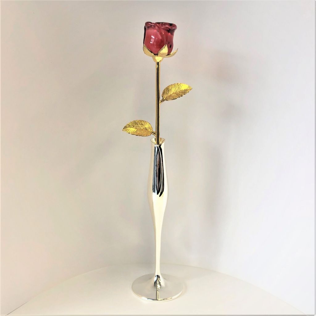 ガラスの薔薇 赤 とリーフ一輪挿し 353 グリーミングハウス