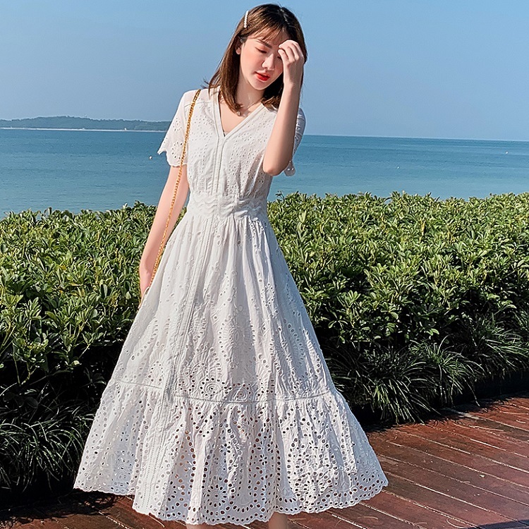 最新コレックション 夏ワンピース 夏ワンピ 白ワンピース 白ワンピ ワンピース ワンピ レディース 女性用 白 パンチング ハイウエスト ハイウエスト 半袖 Vネ 春の最新作 送料無料 Diquinsa Com Mx