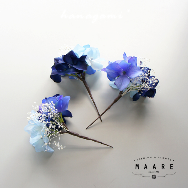 紫陽花とかすみ草の髪飾り 青 Maare 造花の髪飾り ヘッドドレス