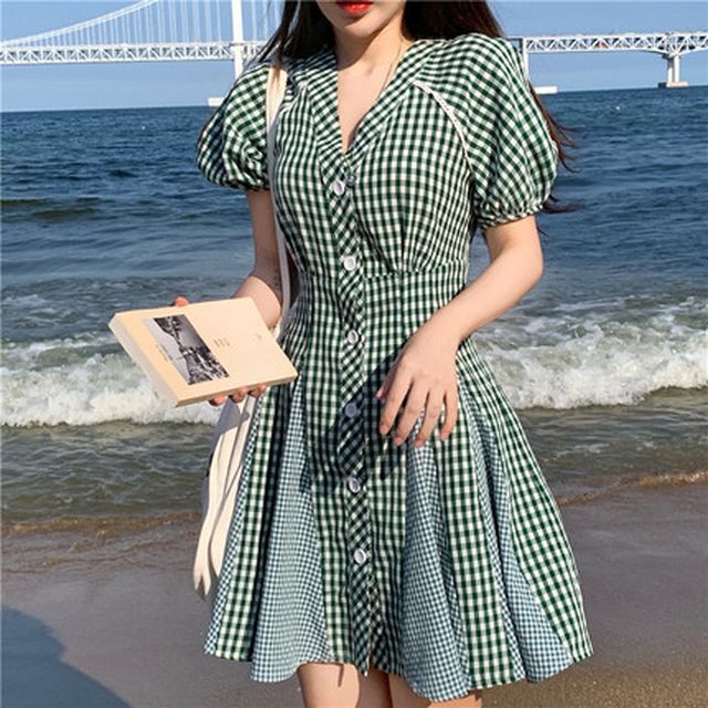 ギンガムチェックワンピース ワンピース デザインワンピース パフスリーブ 袖コンシャス 半袖 ミニ丈 フェミニン きれいめカジュアル カジュアル 夏 春 Op 0878 Y Hapi Hapi Girl ハピ ガル