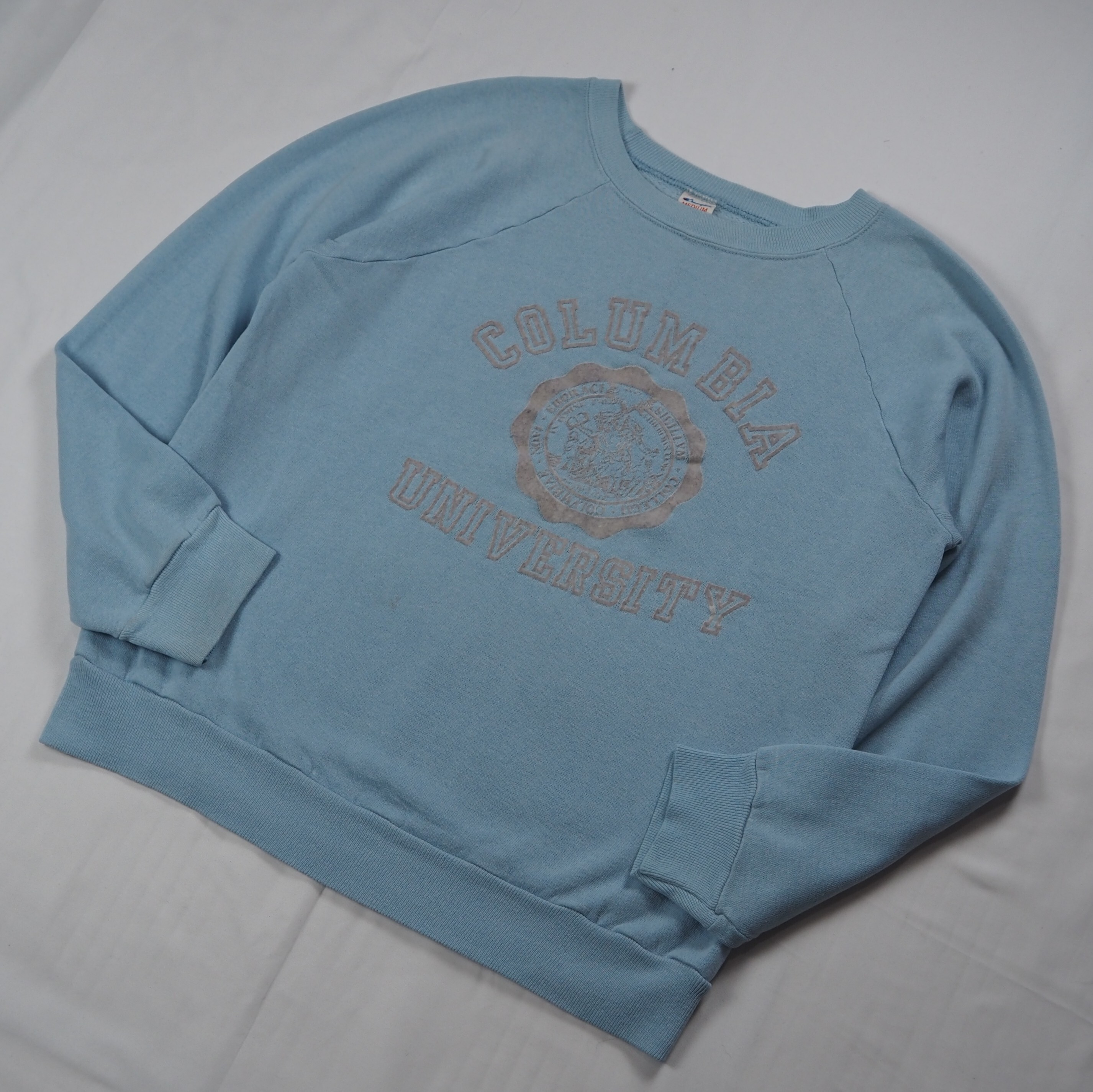 【9/23 20:00入荷】80's Champion カレッジスウェット ライトブルー フロッキープリント の画像 2