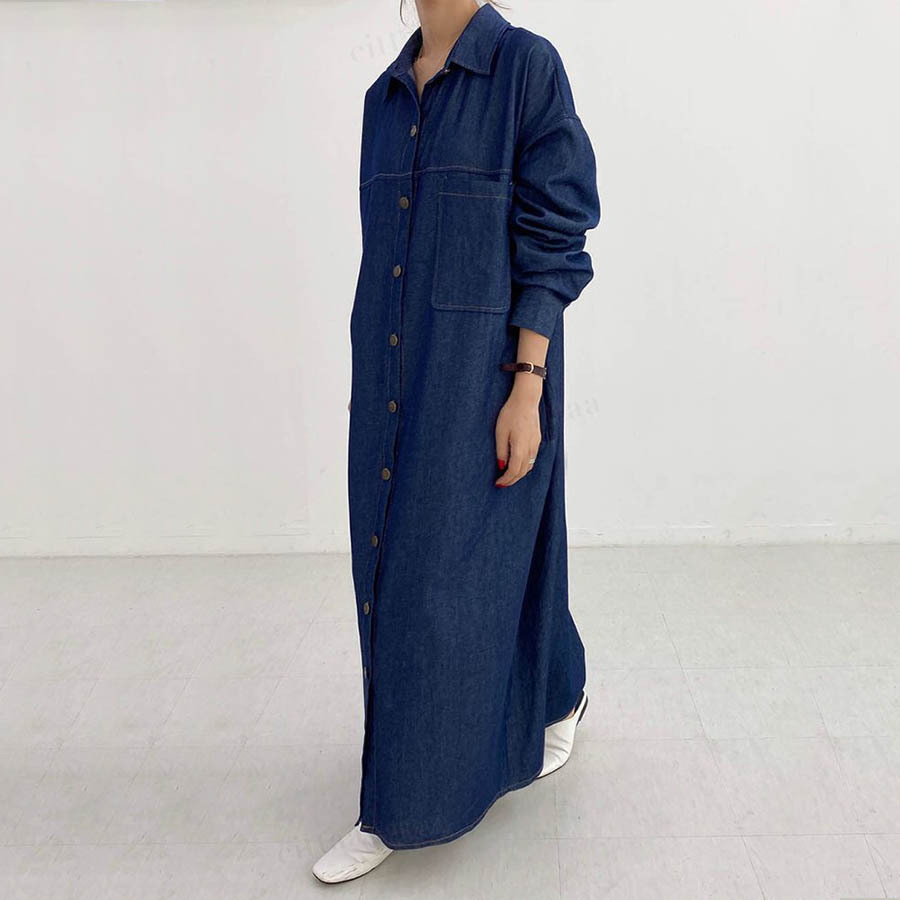 Y 840 ロング丈デニムシャツワンピース ブルー 05 Cittaa チッタ 韓国レディースファッション通販