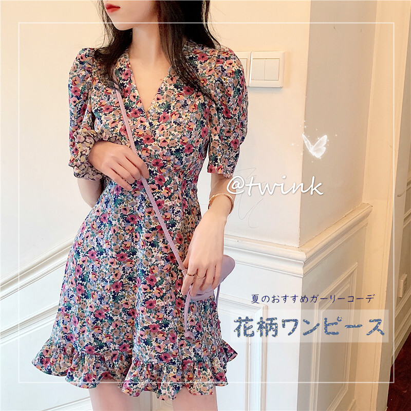 Vネックワンピース 花柄 ミニワンピース 夏ワンピ Rpq Running Piggy