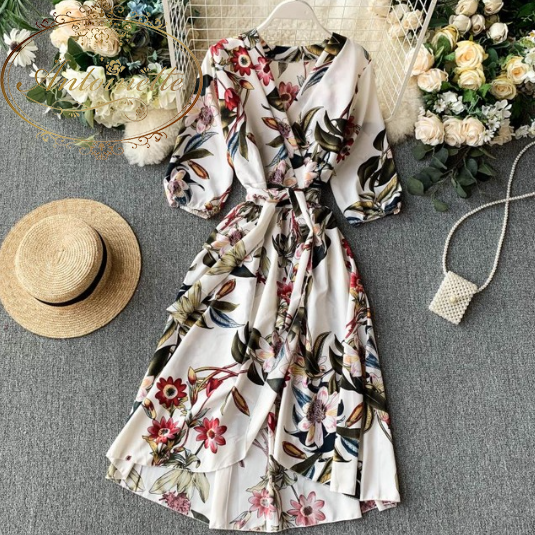 ホワイトレッドフローラル Vintage Slim V Neck Spring Autumn Floral Print Midi Long Irregular Bandage Dress Women 3 4 Sleeve High Waist Elegant Dress ハワイ グアム リゾート カシュクール 授乳 ワンピース 薄手 花柄 綺麗 レディース ホワイトレッドフローラル Vintage Slim V Neck Spring Autumn Floral Print Midi Long Irregular Bandage Dress Women 3 4 Sleeve High Waist Elegant Dress ハワイ グアム リゾート カシュクール 授乳 ワンピース 薄手 花柄 綺麗 レディース