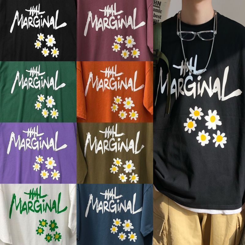 韓国ファッション Tシャツ ユニセックス Tシャツ 半袖 メンズ レディース 英字 花 フラワープリント オーバーサイズ 大きいサイズ ルーズ ストリート