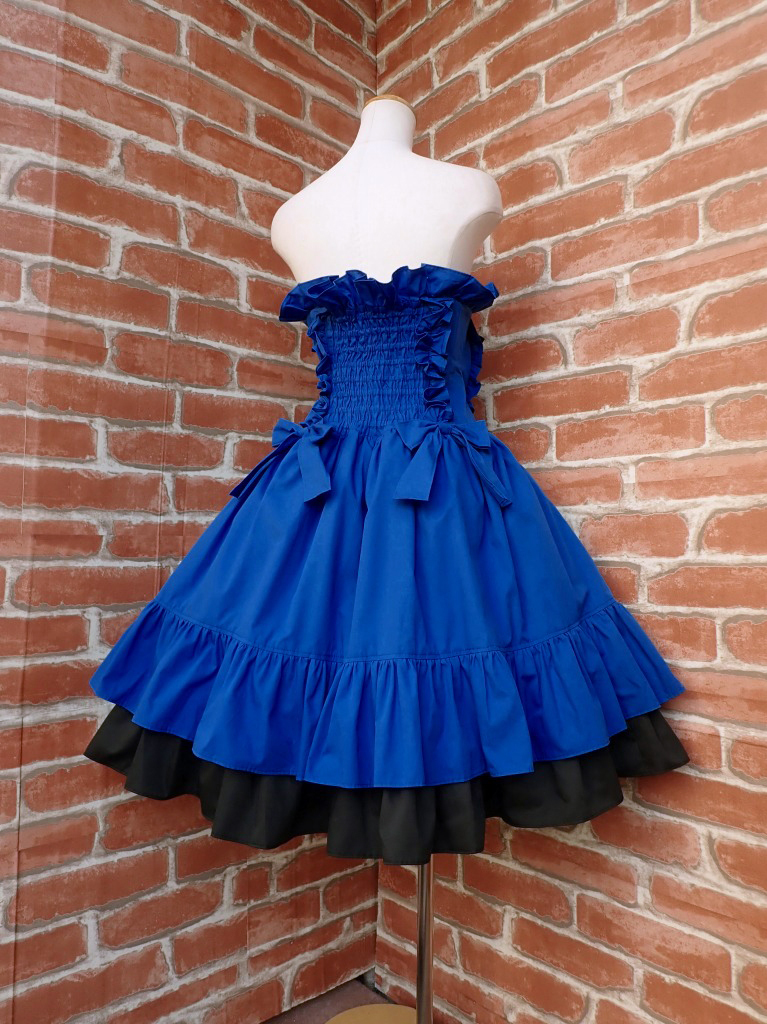 フリルコルセットスカート薔薇リボンコサージュ付き 青 - フリル服と刺繍の店 リフルシャッフル