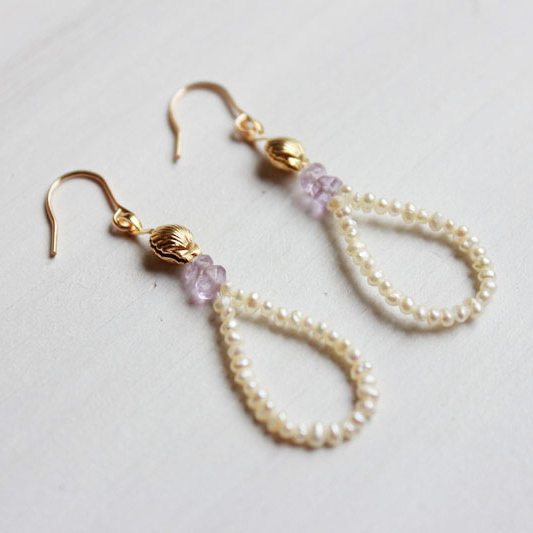 ベイビー淡水パールとアメジストのフープピアス Pp0017 ハワイアン
