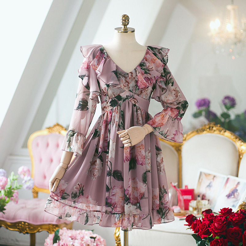 ワンピース 花柄 ペプラム パーティードレス 結婚式 デート 披露宴 Aライン パープル S M L Xl Dresszone