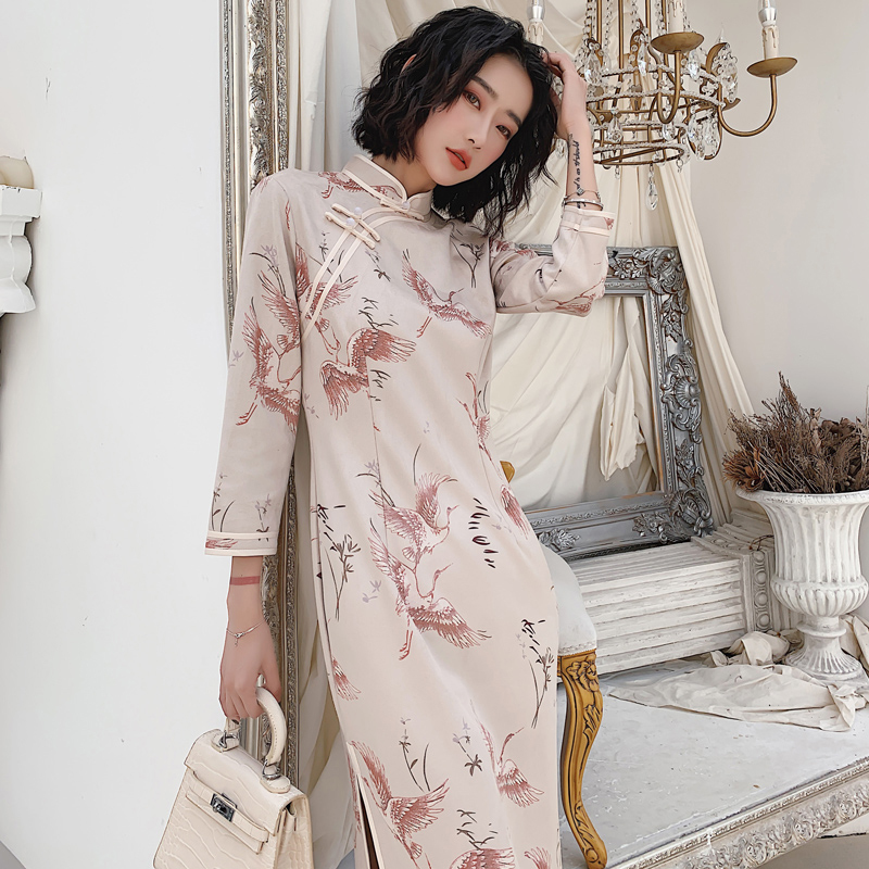 ロングチャイナドレス チャイナ風ワンピース チャイナ風服 中華服 二次会 女子会 同窓会 スタンドネック 長袖 大きいサイズ M L Ll 3l 4l 改良型チャイナドレス 鶴模様 Dresszone