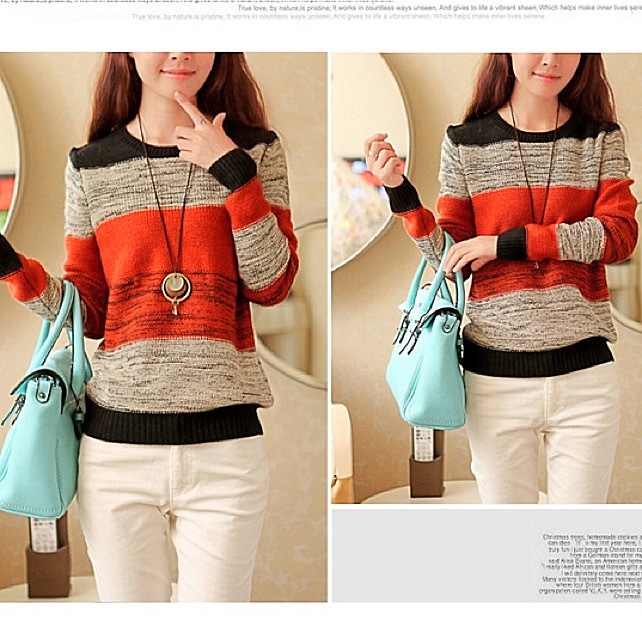 ニット 長袖 セーター ニットトップス レディース バイカラー フリーサイズ オレンジ レディースの海外トレンドファッション通販サイト Kahana