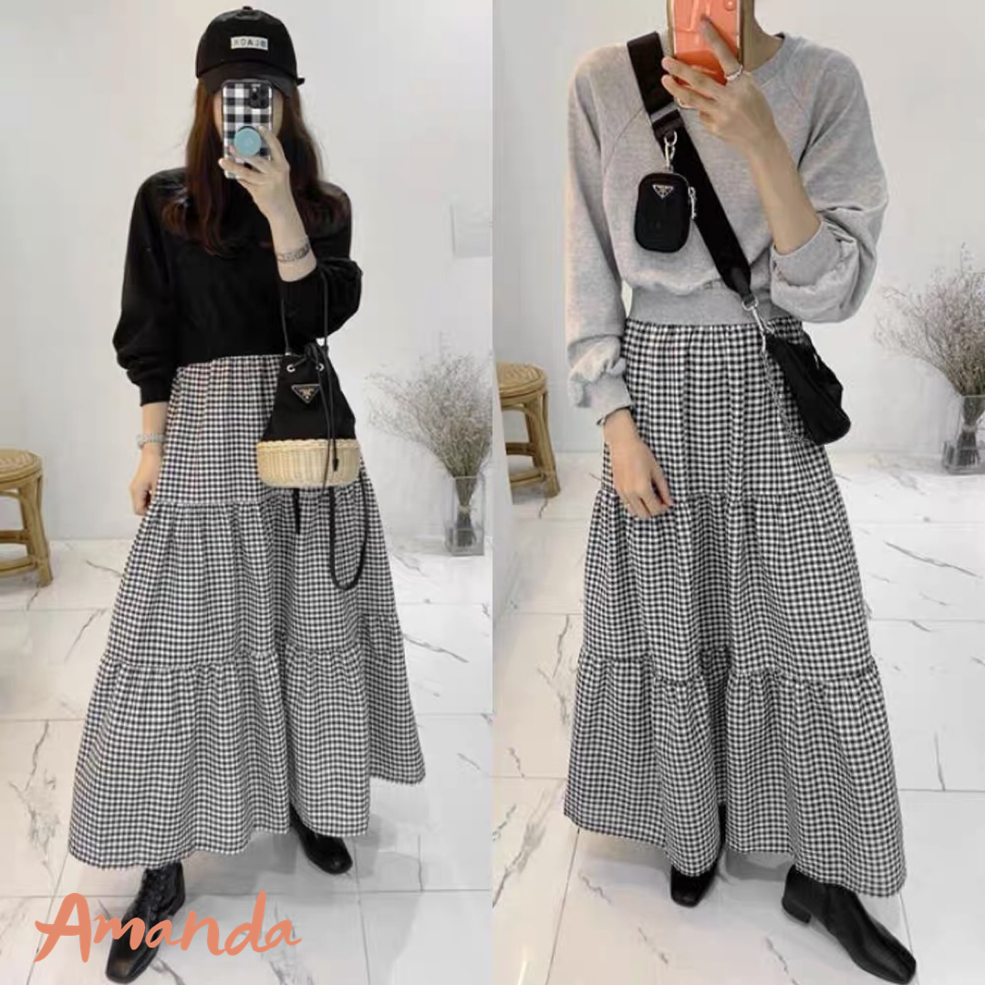 送料無料 ２色展開 スウェット ドッキング ギンガムチェック ワンピース ロング丈 ティアード ギャザー ロングスカート ロングワンピース 秋 冬 Awdress Amanda