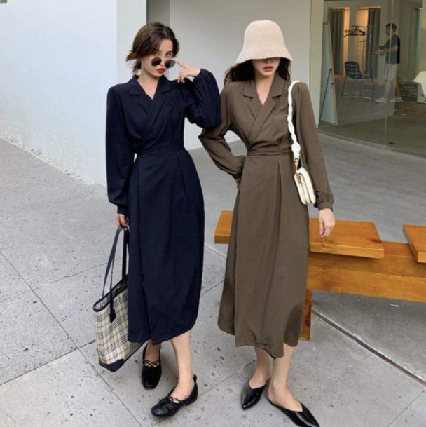 送料無料 ワンピース シャツワンピース ロング丈 長袖 無地 フレア ウエストリボン 秋冬 大人可愛い 上品 Eine Katze