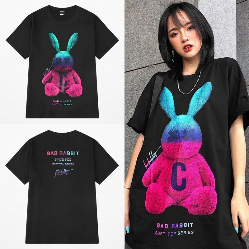 韓国ファッション Tシャツ ユニセックス Tシャツ 半袖 メンズ レディース ラウンドネック ラビット うさぎのヌイグルミ プリント オーバーサイズ 大きいサイズ ルーズ ストリート