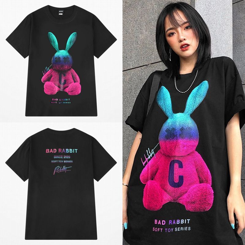 ユニセックス Tシャツ 半袖 メンズ レディース ラウンドネック ラビット うさぎのヌイグルミ プリント オーバーサイズ 大きいサイズ ルーズ ストリート