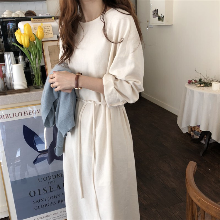 ロングワンピース フレア ワンピース レディース シャツ ミモレ丈 ロング きれいめ 大人 シンプル 綿100 リネン 長袖 春 夏 秋 10代 代 30代 40代 大人カジュアル ワンピース コーデ 大きいサイズ Xl ロールアップ ラウンドネック 無地 トレンド 着痩せ 休日 ママ