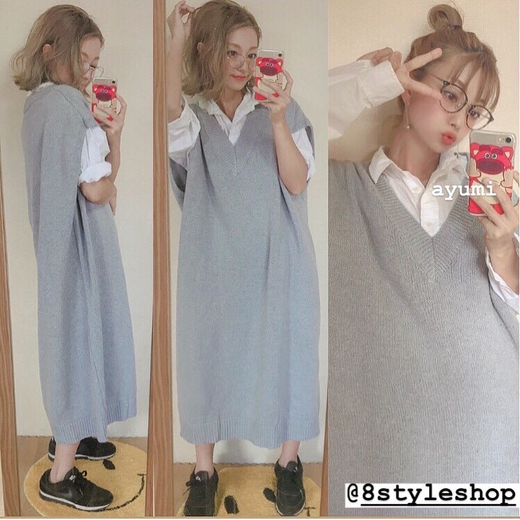 グレーオーバーサイズ ニットベスト ロングワンピース Vネックセーター 無地 シンプル 8style