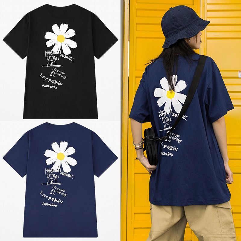 ユニセックス 半袖 Tシャツ メンズ レディース 英字 花 フラワープリント オーバーサイズ 大きいサイズ ルーズ ストリート