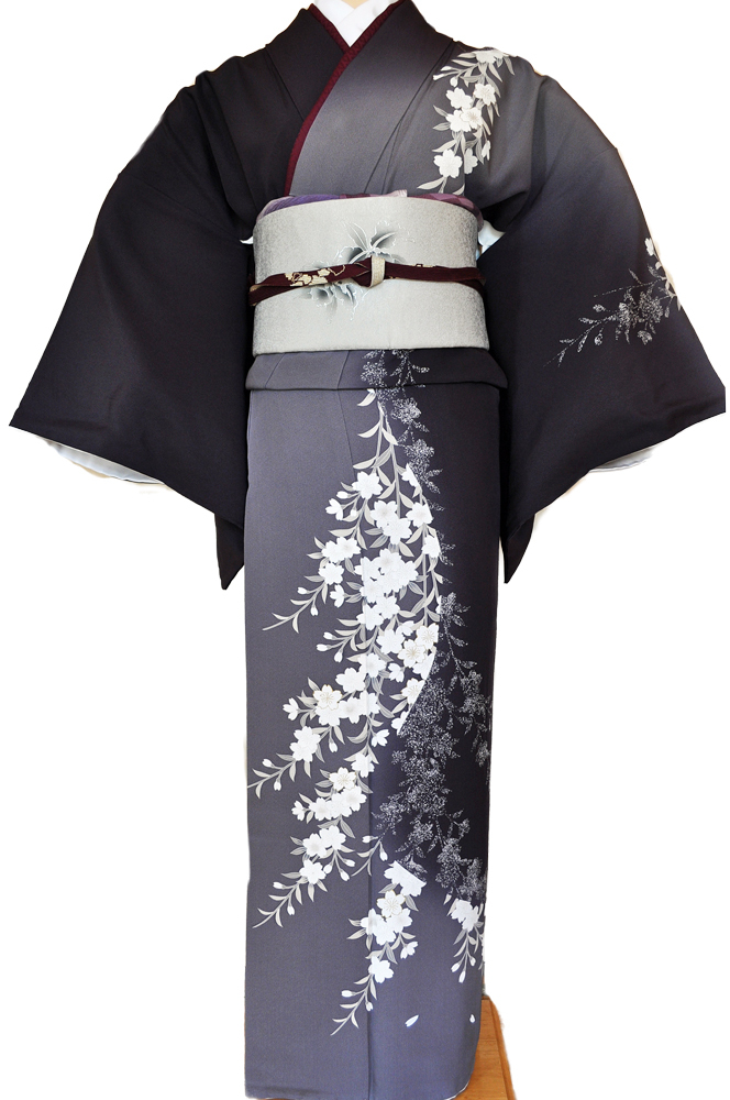 訪問着レンタル■紺色と灰色の片身違いに流れるような桜の花柄■正絹フリーサイズhu7〔往復送料無料〕 - 画像2