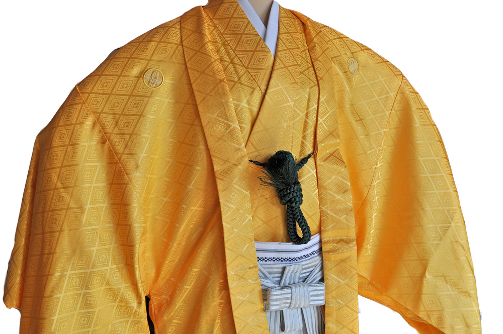 レンタル男性用【紋付袴】黄色着物羽織と白銀ぼかしの袴フルセットyellow1 - 画像3