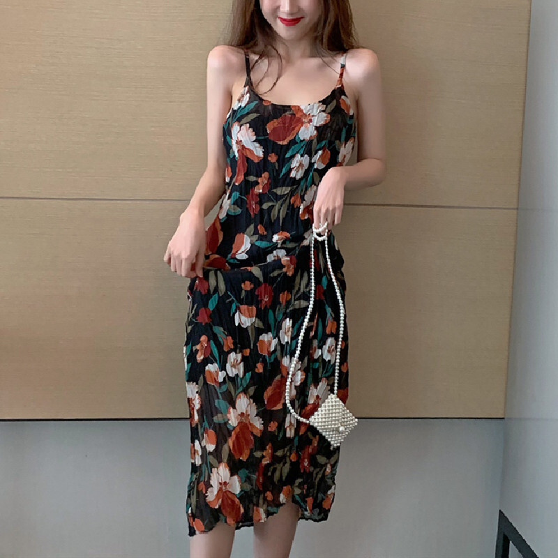 ワンピース 花柄 女性らしい ノースリーブ レトロ 清新 売れ筋 超安 ブラック フリー Dresszone