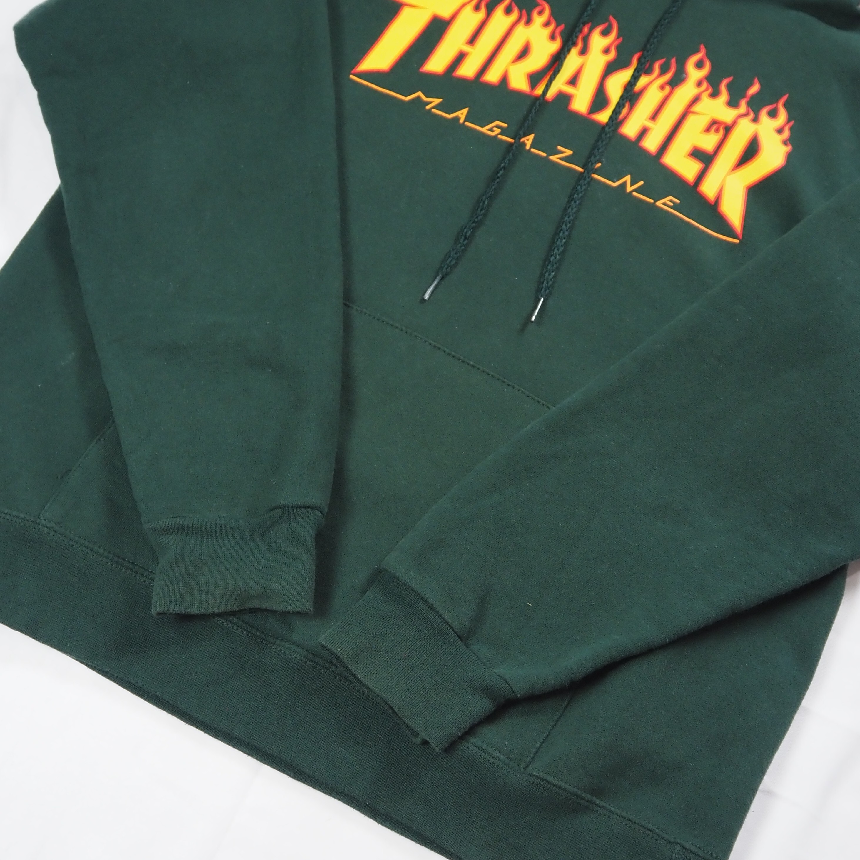 00's Thrasher フーディ フレイムロゴ グリーン Sサイズ の画像 9