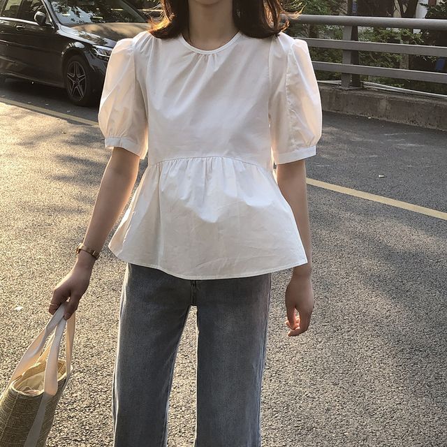 トップス レディース ブラウス 半袖 パフスリーブ 袖コンシャス 切り替え ペプラム ガーリー きれいめ きれいめカジュアル 夏 春 Tp 1338 Y Happy Orurea ハッピーオルレア