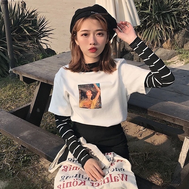 カットソー Tシャツ フェイクレイヤード 長袖 ハーフハイカラー 重ね着風 カジュアル レディース トップス 大きいサイズ 白 黒 ホワイト ブラック Ladys Paradise