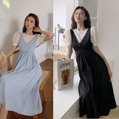 セットアップ ツーピース ワンピース バックリボン Vネック ロング丈 ハイウエスト パフスリーブ 半袖 水色 ブルー ブラック 黒 プチプラレディースファッション通販 Yboueki