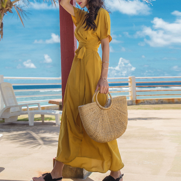 カシュクールマキシワンピース イエロー ネイビー ワンサイズ 無地 ウェストリボン マキシ丈 シンプル 夏 リゾート 旅行 A0059 Colorful Closet おしゃれなトレンド海外レディースファッション通販 カラフルクローゼット
