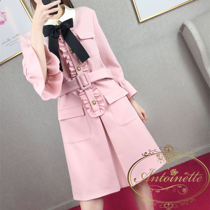レディース ツイード 風 スーツ セットアップ フリル ピンク スカート リボン 可愛い 秋 秋物 秋服 長袖 Antoinette