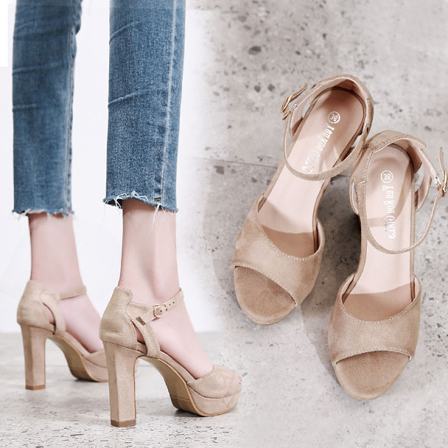 2カラー サンダル アンクルストラップ 太ヒール 10cm ハイヒール オープントゥ レディース 靴 シューズ 黒 ブラック ベージュ Ladys Paradise