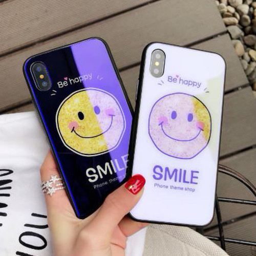 Iphone ケース スマイリー 鏡面 ブルーミラー 強化ガラス キズ防止