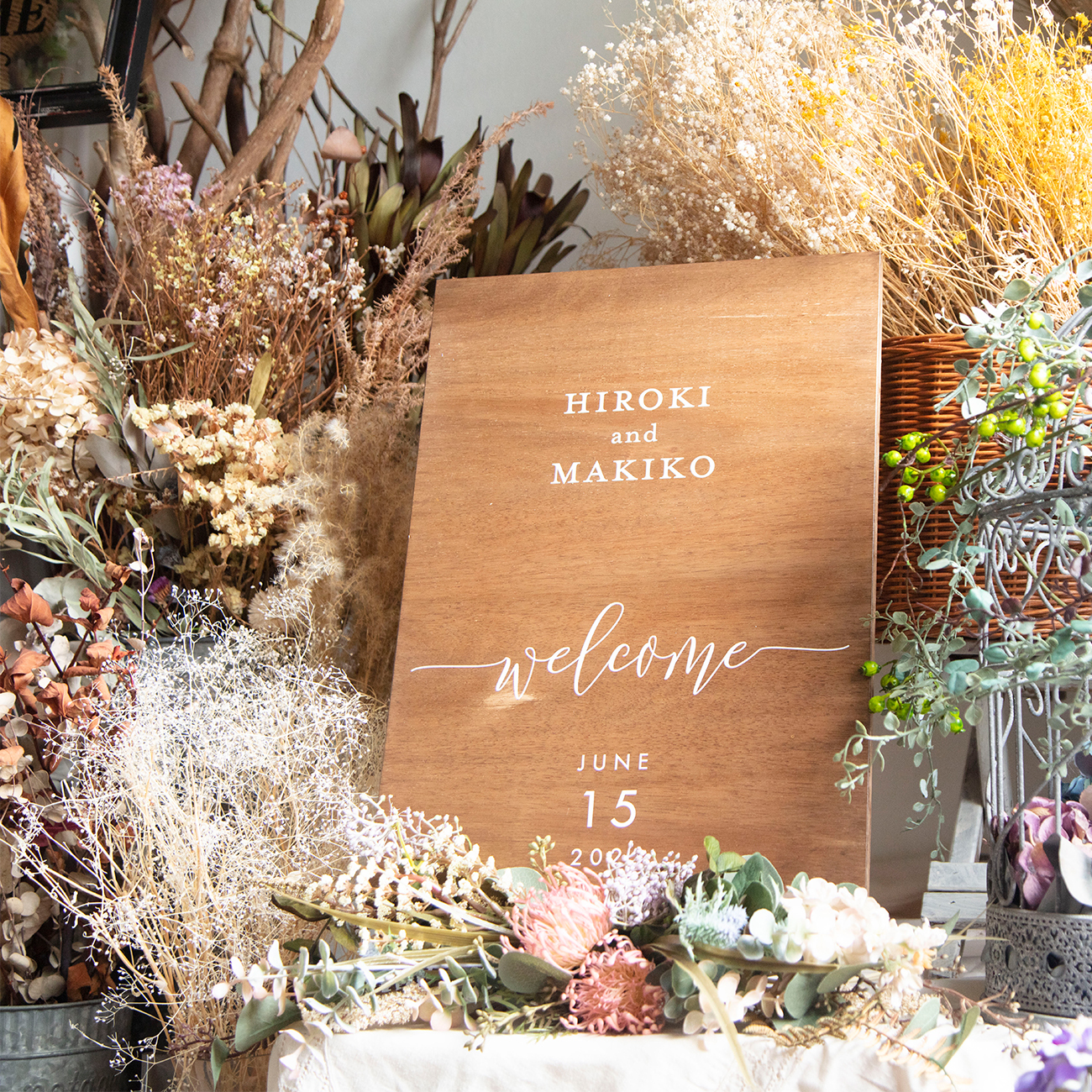 名入れ文字入れ出来る Welcome Board 木製ボード ナチュラルフラワー付き Lafeuille Tokyo
