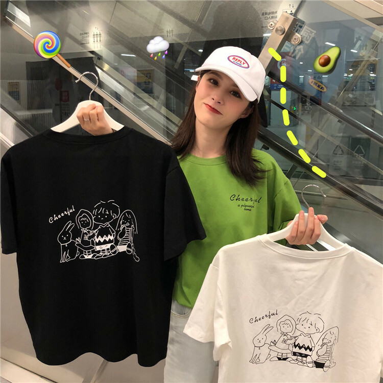 バックイラストデザインtシャツ カットソー フェミニン トップス ナチュラル レトロ 大人可愛い フェミニン トレンド 春夏 韓国ファッション Thicc